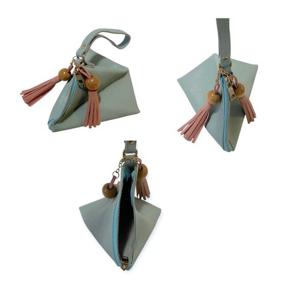 Vegan Leather Tote Bag with Triangle Pouch.  Blue/Seafoam - Picture 7 of 11